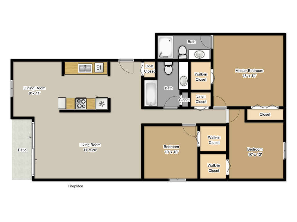 Floor plan for 3 beds, 2 baths, 1350 sqft